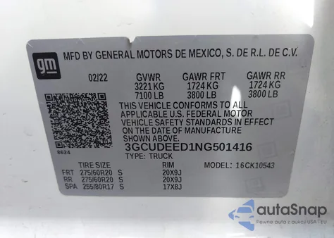 2022 Chevrolet Silverado 1500 4Wd Short Bed Rst z USA, uszkodzony, nr VIN 3GCUDEED1NG501416